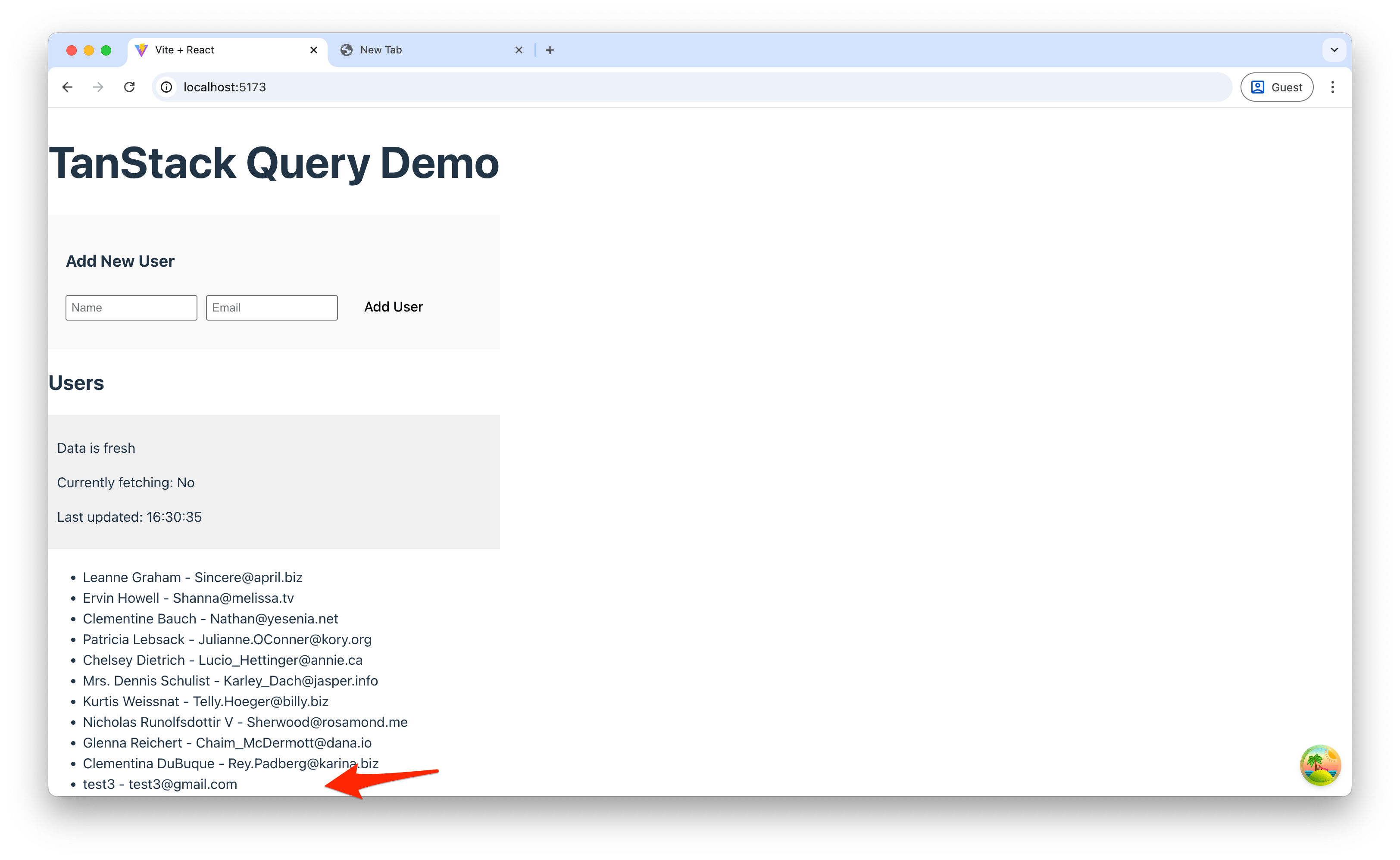 Screenshot showing optimistic updates in action with a new user appearing immediately