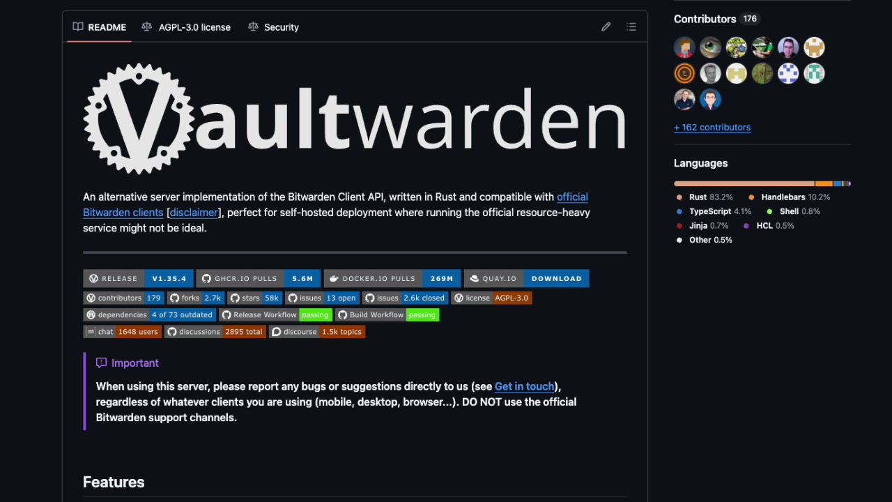 Vaultwarden GitHub page showing its open-source community-driven development