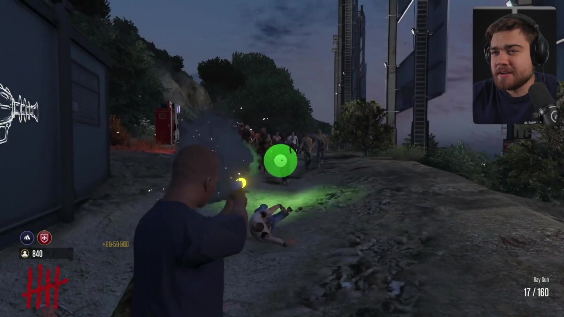 The player firing the Ray Gun in GTA V, showcasing the green projectile and splash damage effect created by the AI.