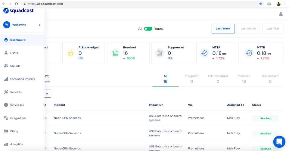 SCREENSHOT: Squadcast service health dashboard