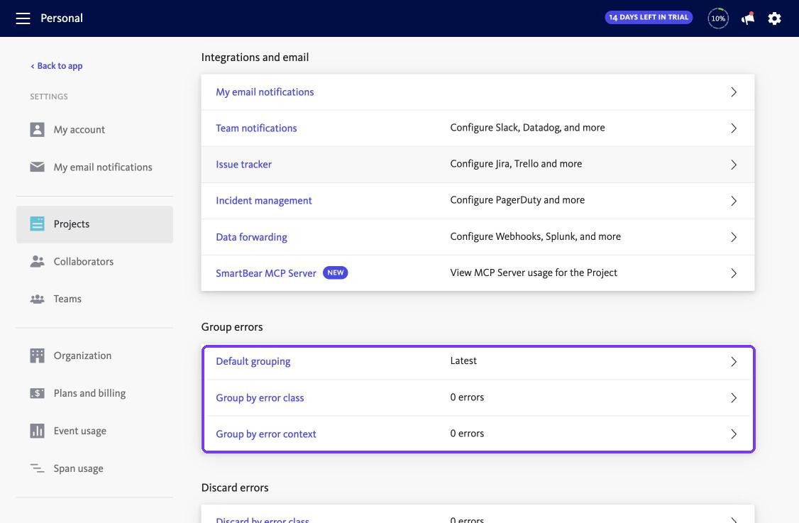 BugSnag project settings with grouping and integration options