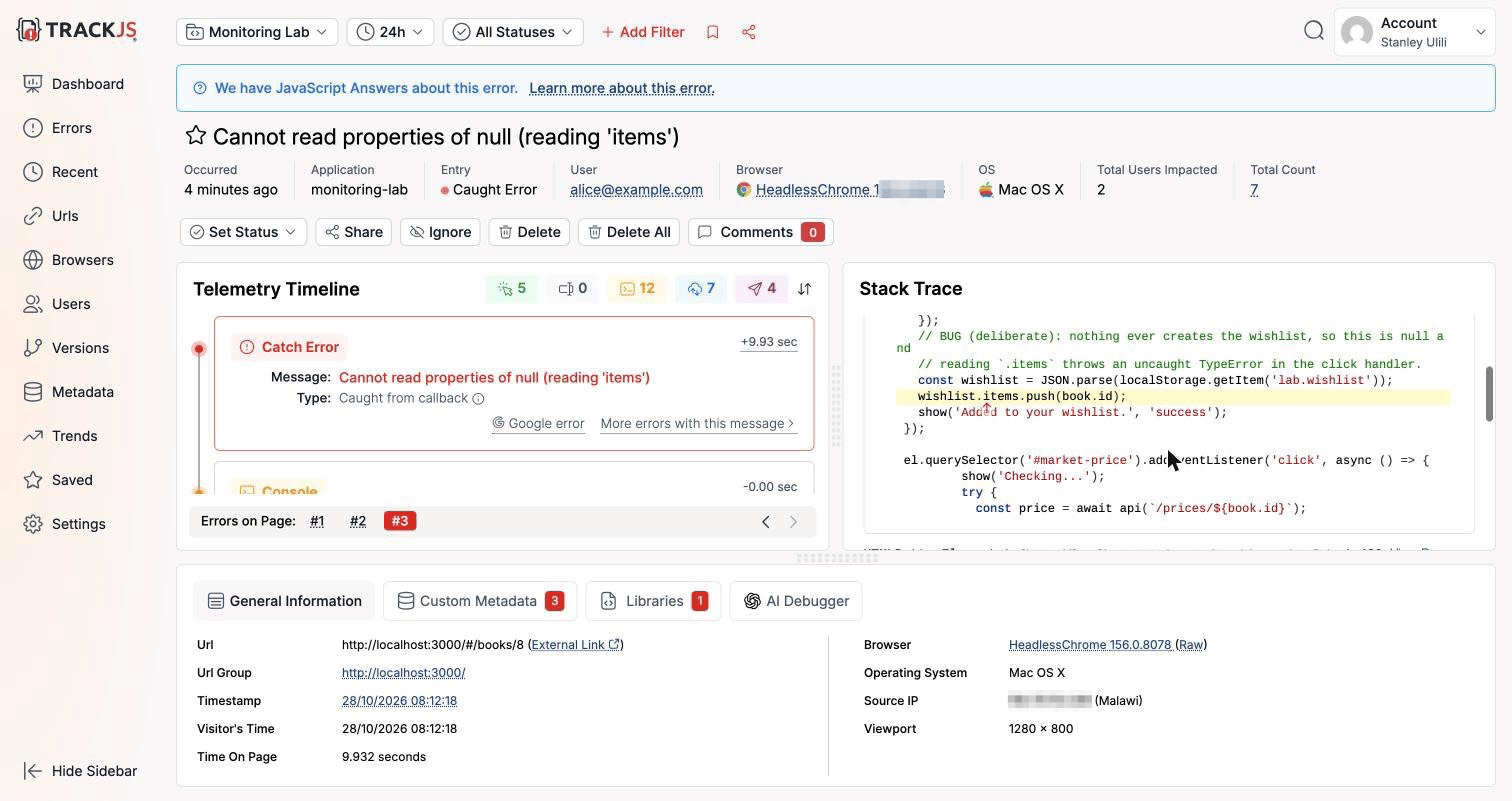 TrackJS wishlist error after applying a source map by hand