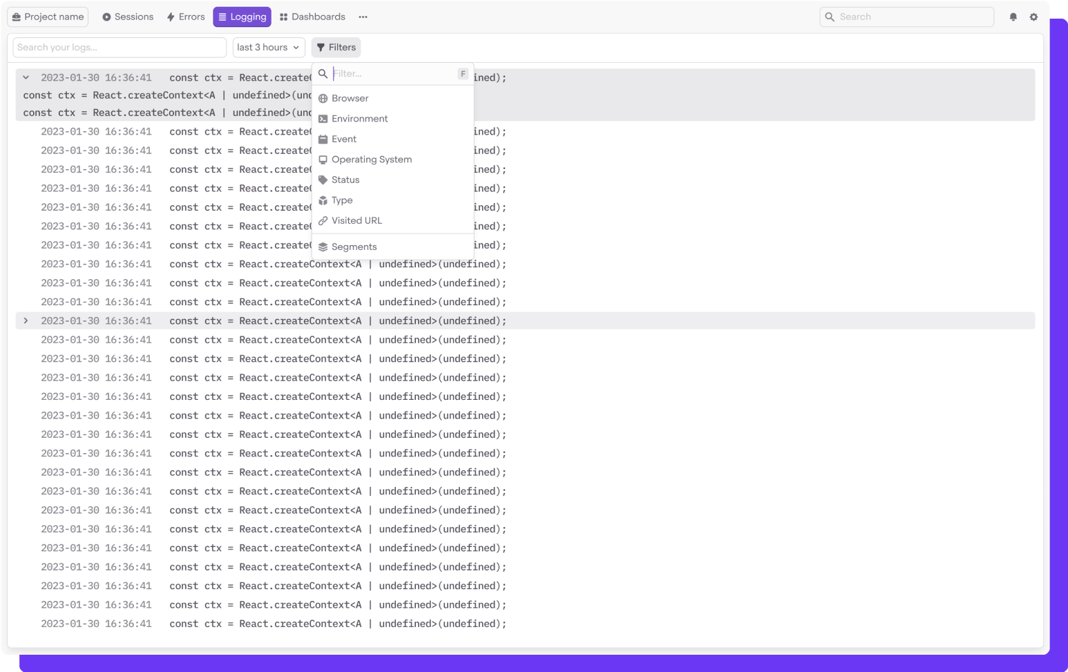 SCREENSHOT: Highlight.io log view with session correlation panel showing the user session alongside filtered log lines