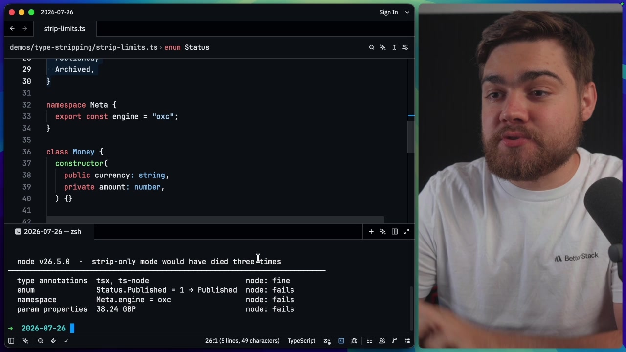 The terminal output after running the TypeScript file with Nub, showing the successful execution and printed logs, contrasted with a note indicating where standard Node.js would fail.