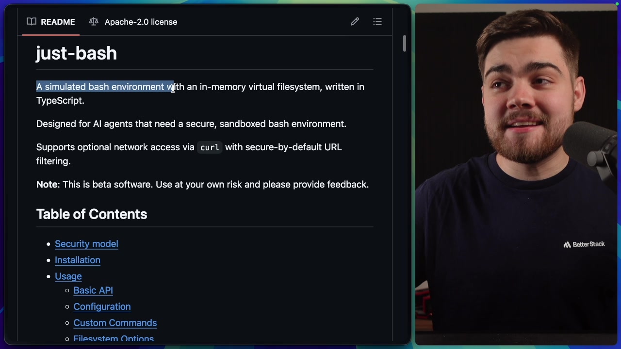 A screenshot of the `just-bash` GitHub README, highlighting the description: "A simulated bash environment with an in-memory virtual filesystem, written in TypeScript."