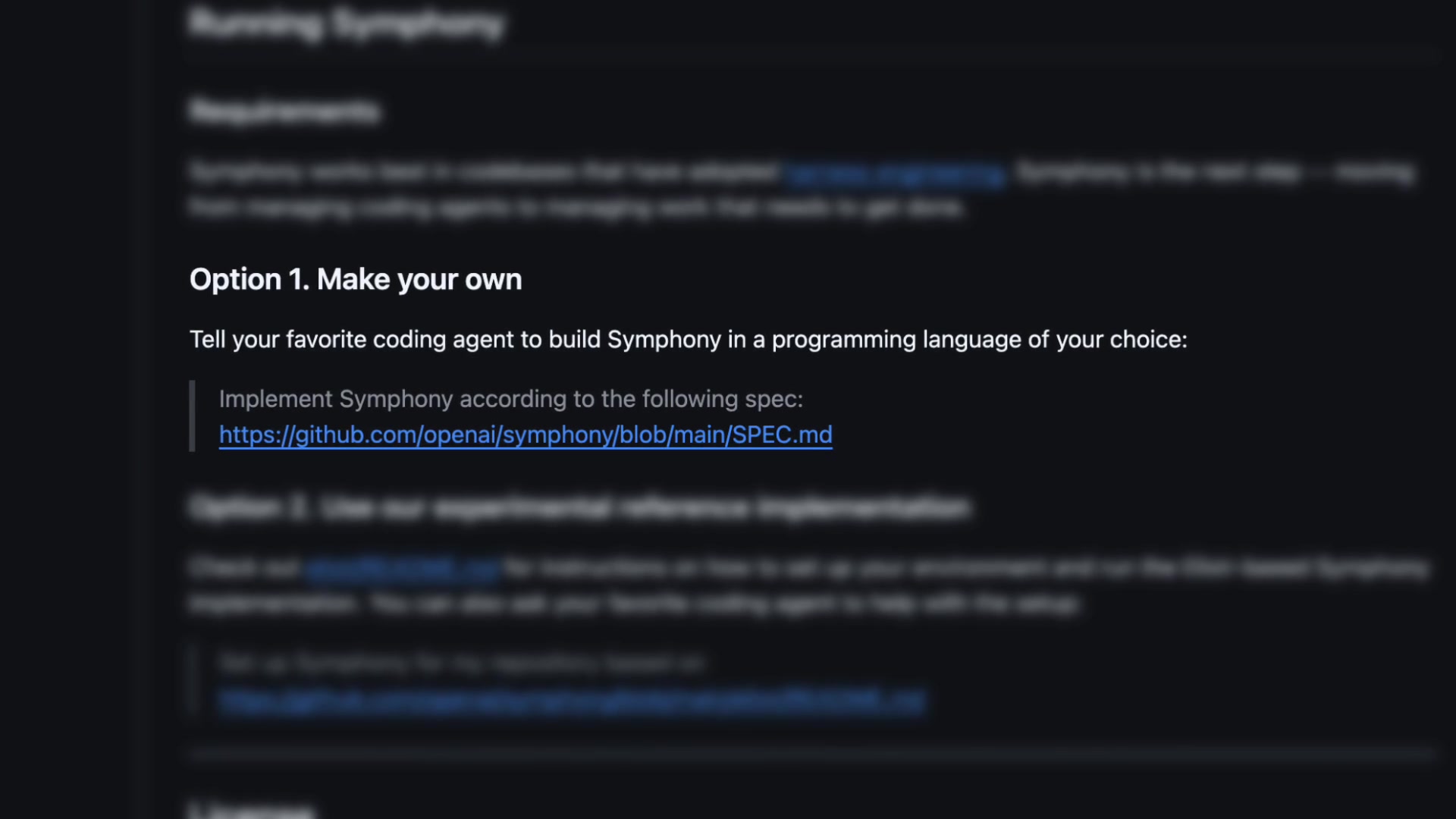 Symphony README on GitHub showing the two options: "Make your own" and "Use our experimental reference implementation"