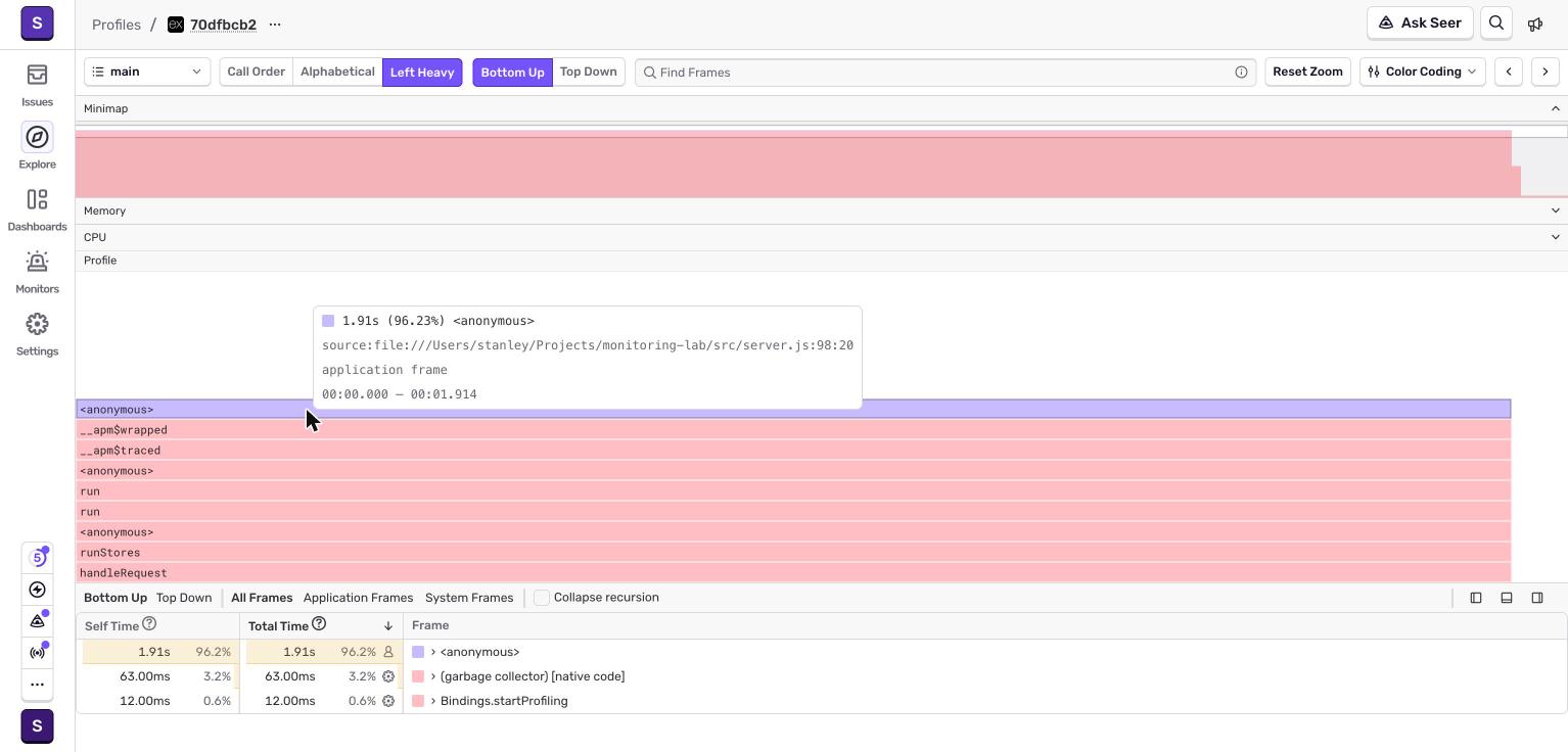 Screenshot: sentry-26-search-profile-hottest-frame