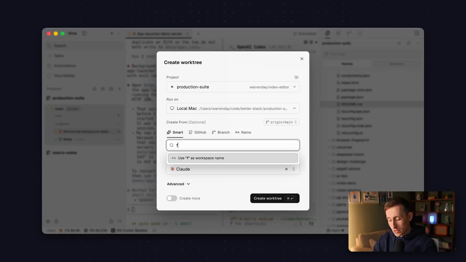 The "Create worktree" modal window, showing fields for the project name, source, and optional agent selection.