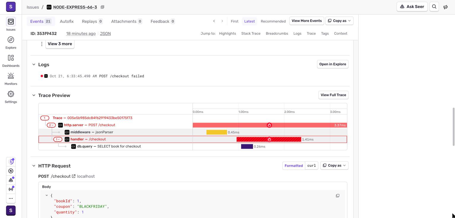Screenshot: sentry-05-issue-logs-trace-request