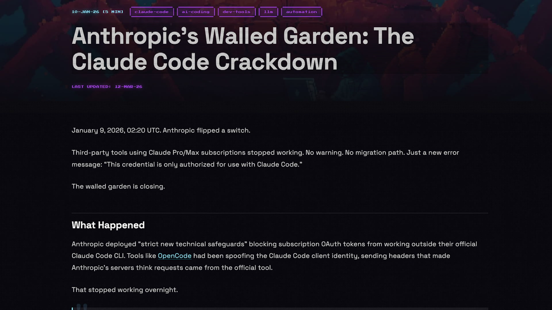 Blog post titled "Anthropic's Walled Garden: The Claude Code Crackdown" detailing the sudden block of third-party tools