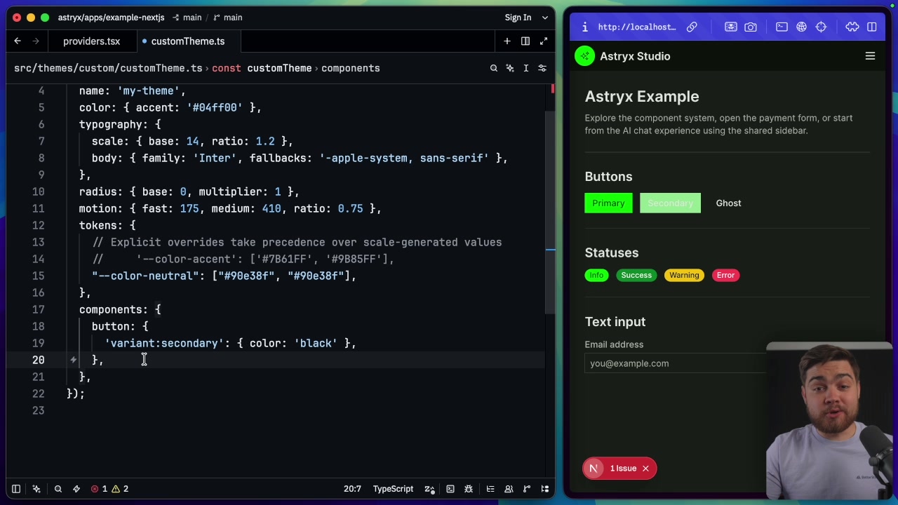 Code showing the `components` object being used to target the secondary variant of the button and change its color to black.