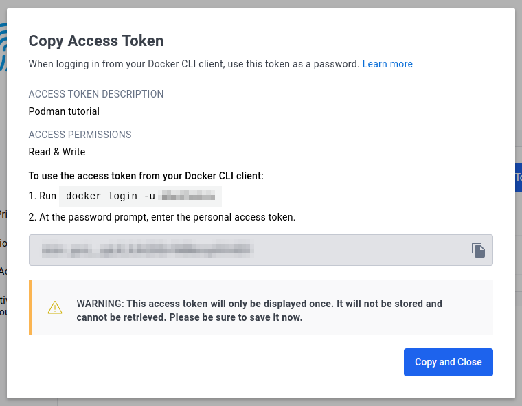 Copy access token prompt