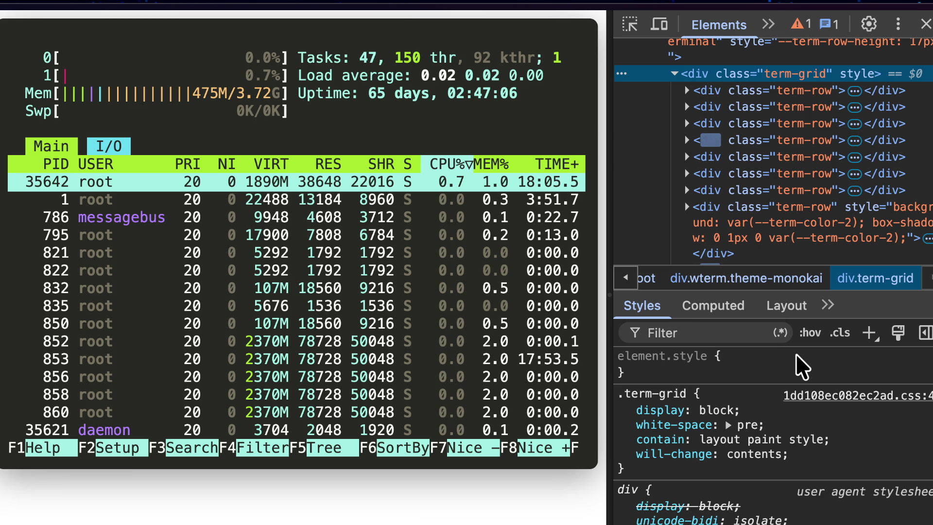 htop running in W-Term with browser developer tools open showing the corresponding div elements for each row
