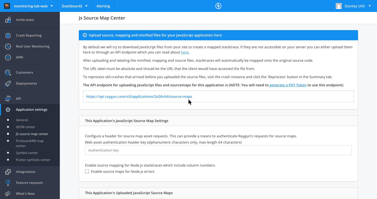 Raygun JS Source Map Center with labelled files