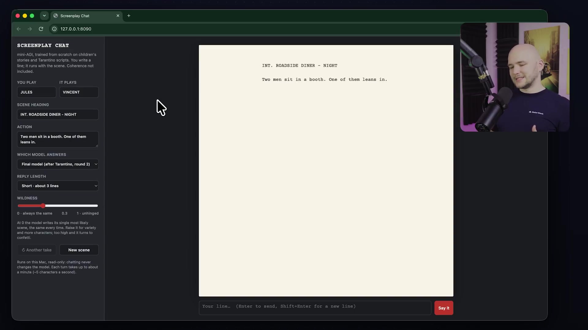 The screenplay chat web application, an interface for interacting with the trained mini-AGI model in a conversational, script-writing format.