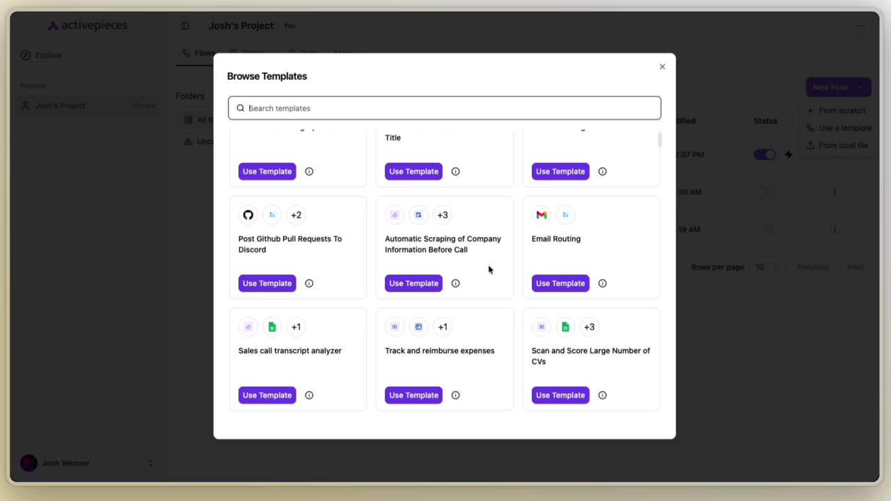 A look at the variety of pre-built templates available in the Activepieces dashboard, from email routing to content generation.
