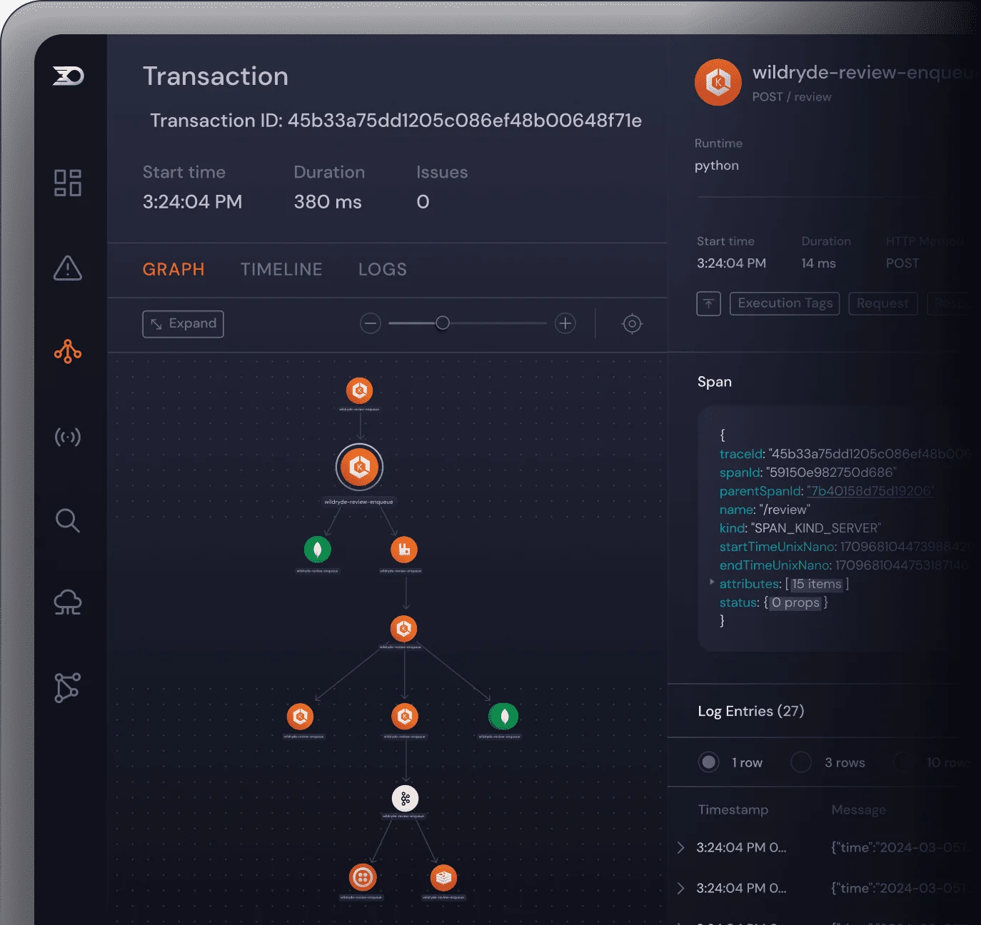 SCREENSHOT: Lumigo trace view showing Lambda function call with full SQS payload captured