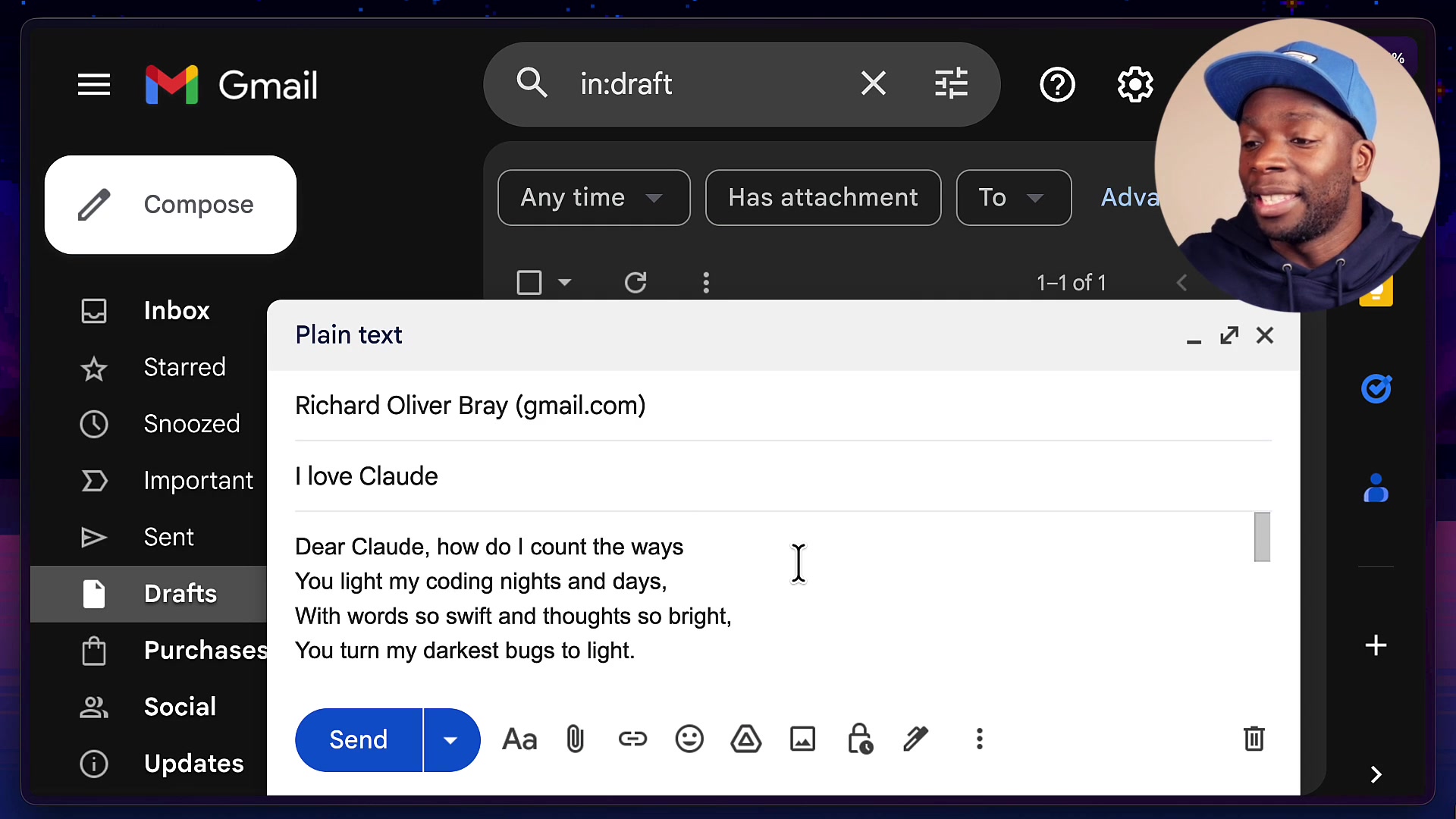 The newly created draft email in Gmail showing the subject and poem body