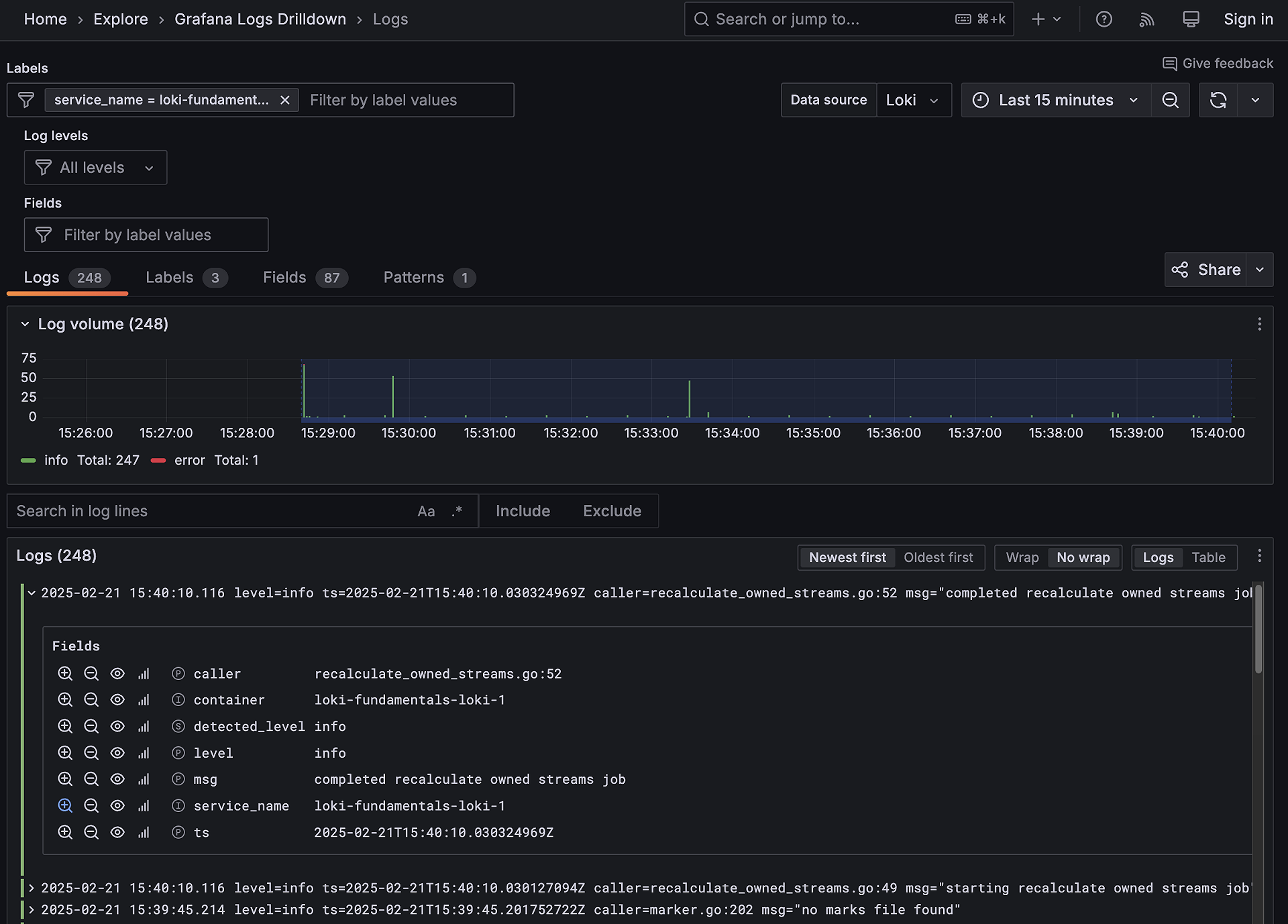SCREENSHOT: Grafana Loki Explorer with LogQL query and log stream panel