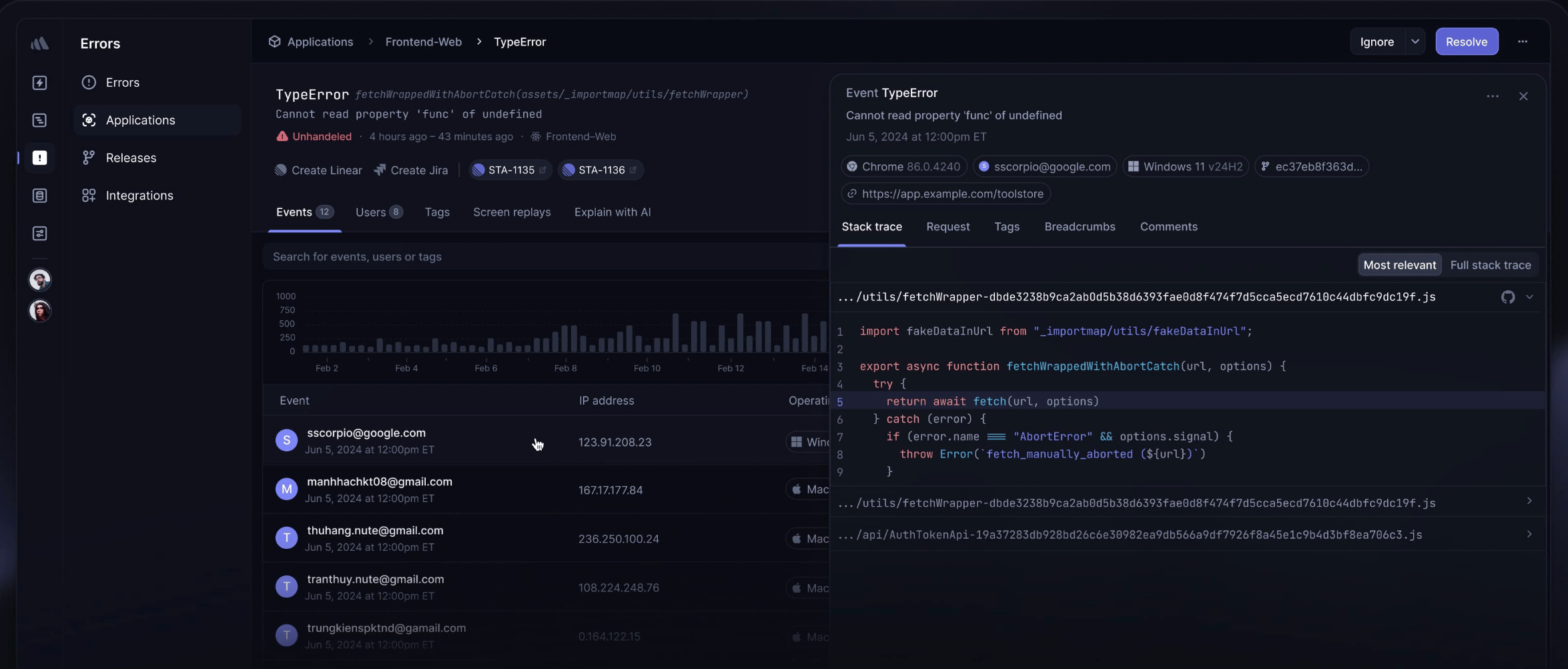 Better Stack error tracking dashboard