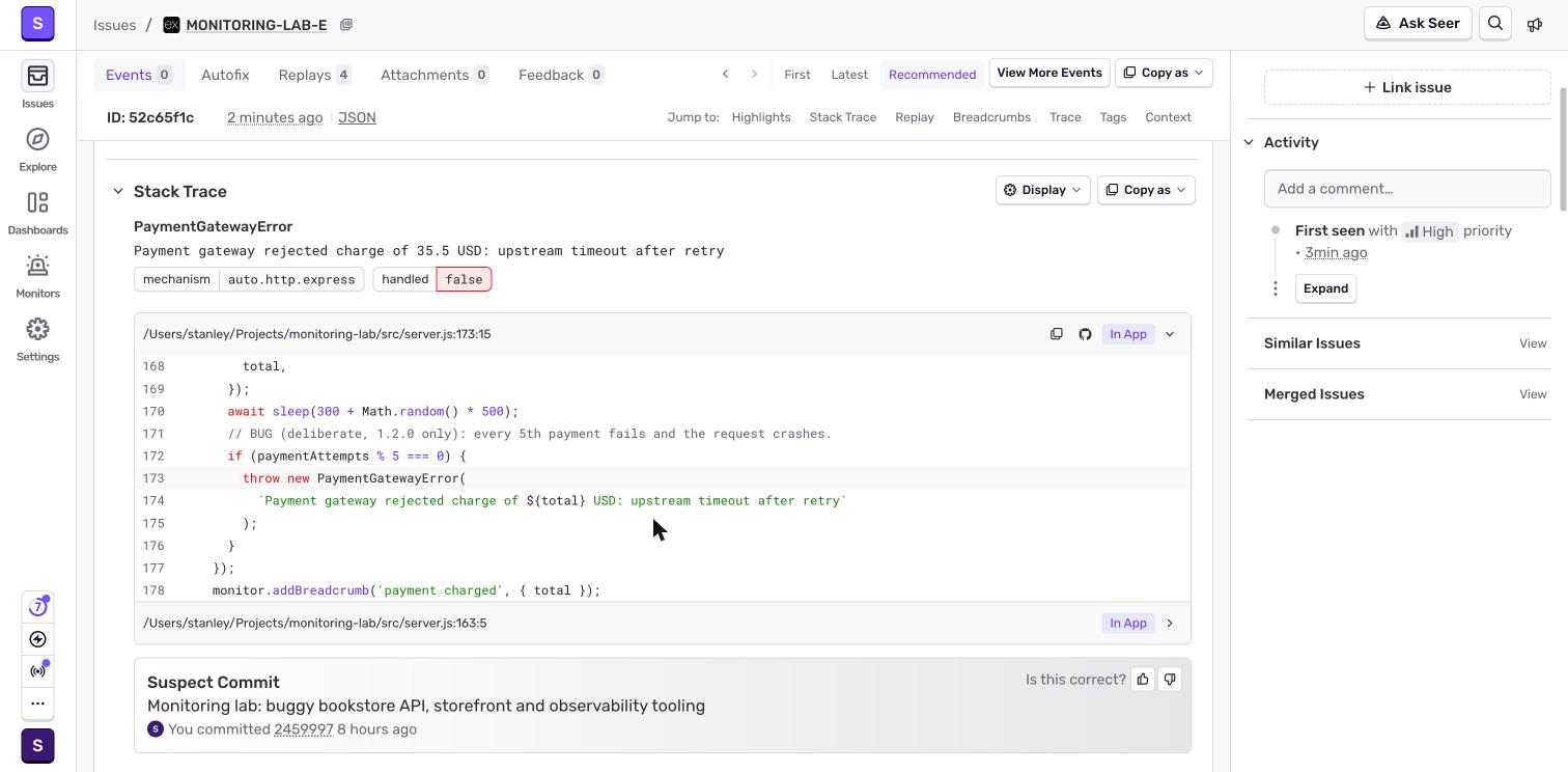 Sentry PaymentGatewayError with the stack trace and suspect commit
