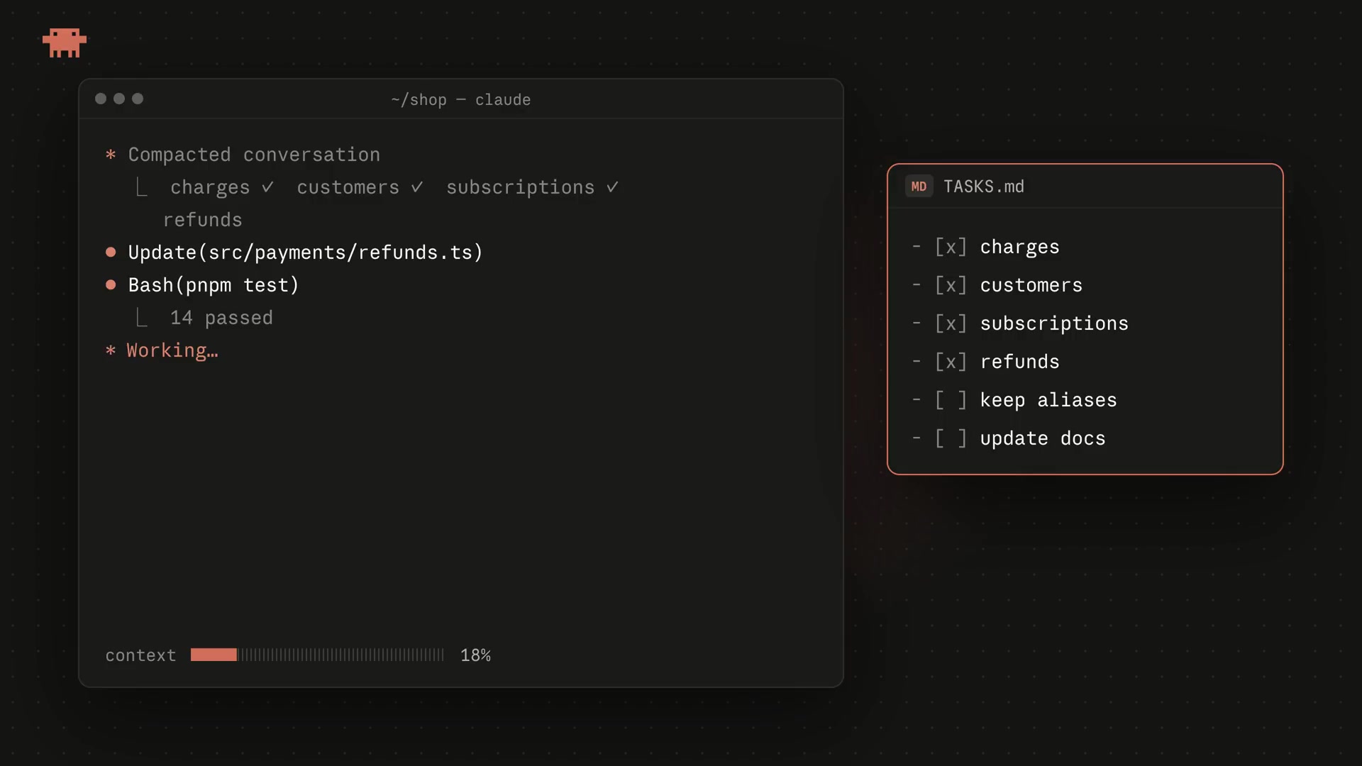 A split-screen view showing the Claude Code terminal on the left and a `TASKS.md` file on the right, which acts as a persistent checklist for the model.