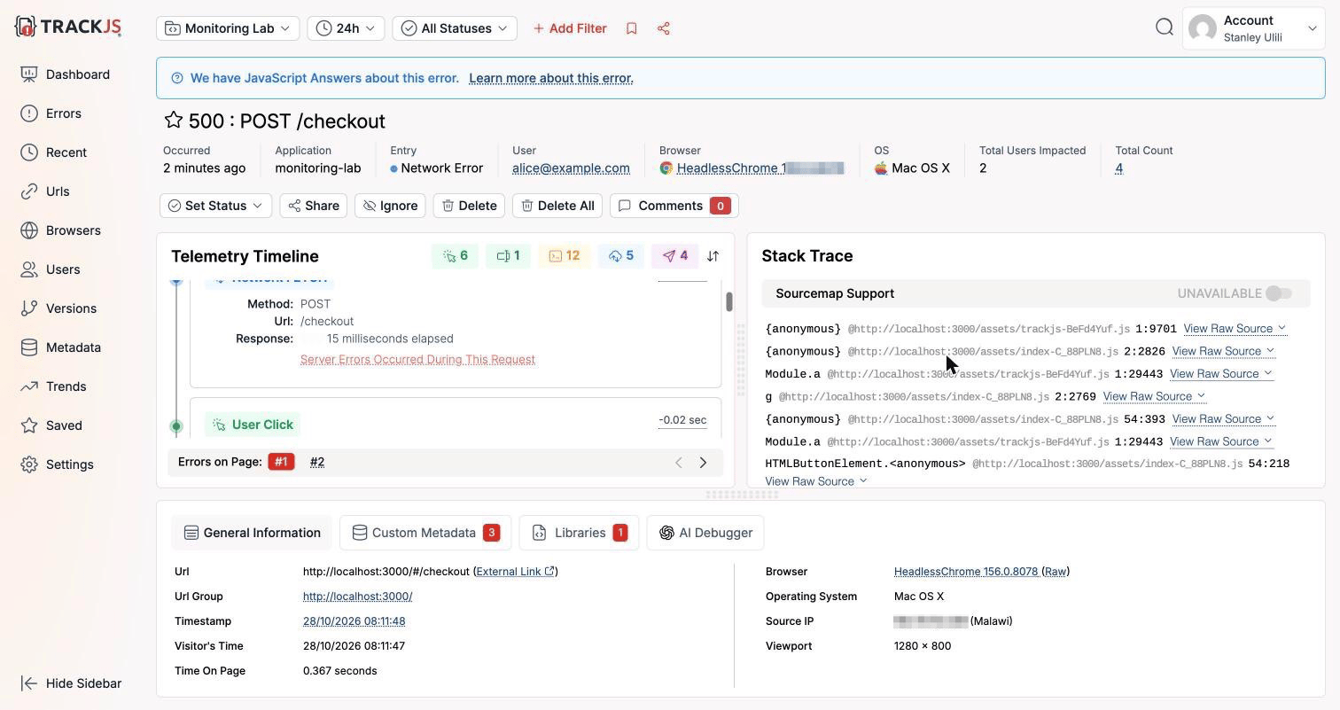 TrackJS failing checkout request with the server errors link