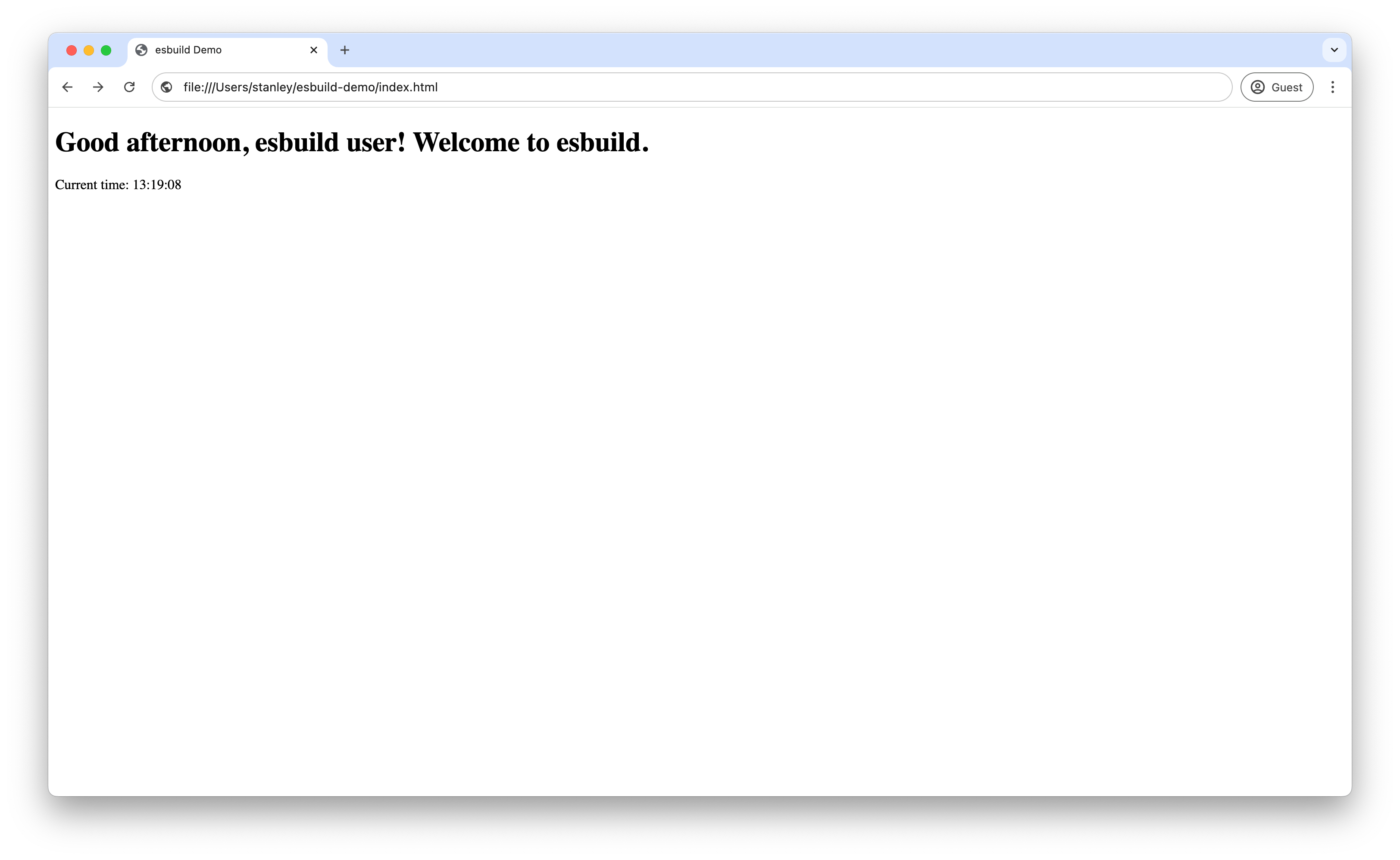 Screenshot showing the updated esbuild application in the browser after a rebuild, displaying the new greeting and current time