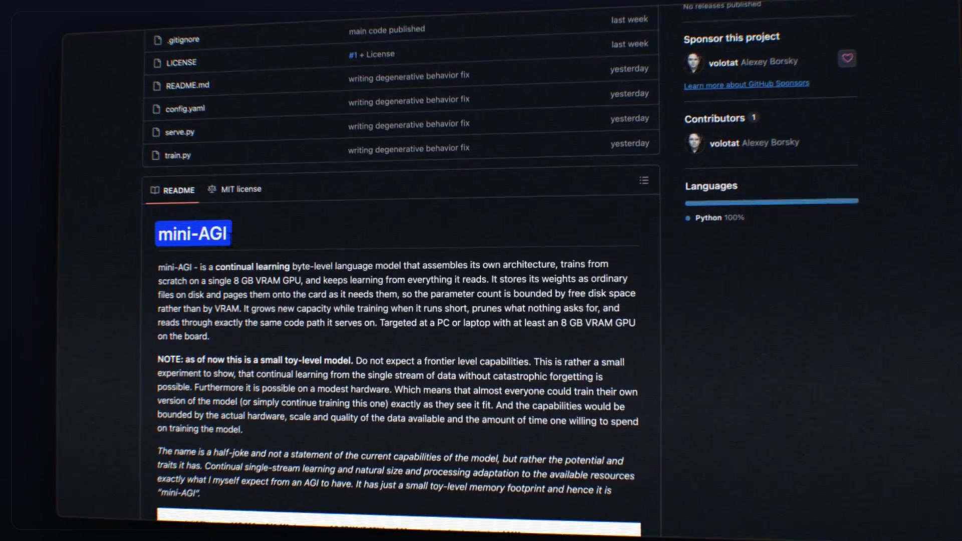 The official GitHub repository page for mini-AGI, showing the project's description and core philosophy.