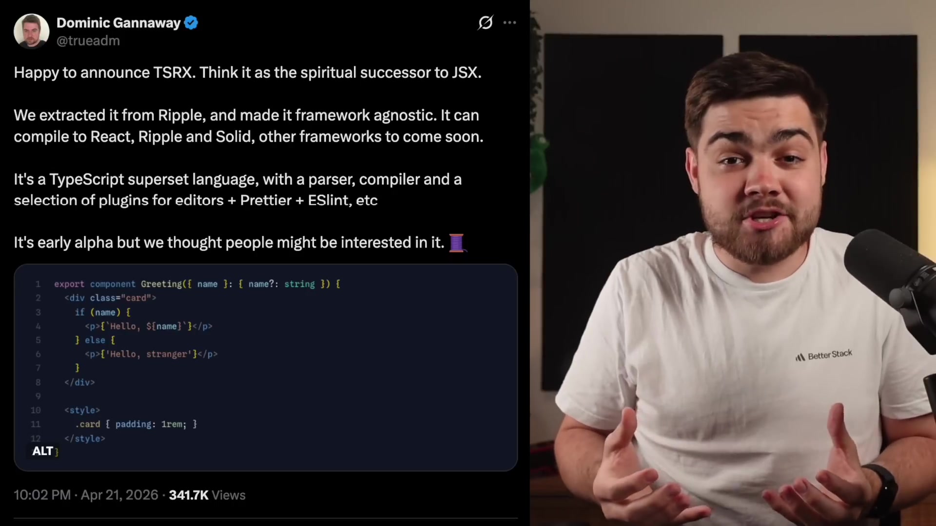 Dominic Gannaway's tweet announcing TSRX as the "spiritual successor to JSX"