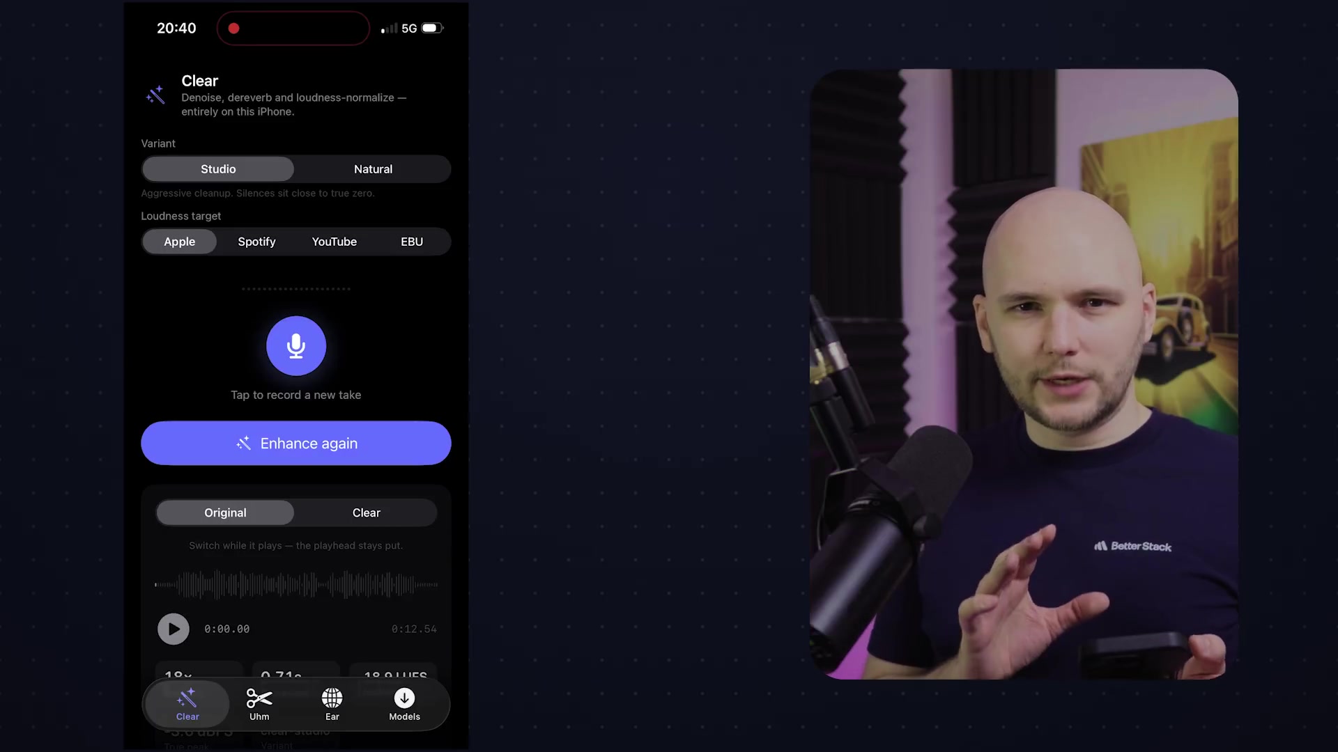 The "Clear" model's interface in the testing app. It features two tabs, "Original" and "Clear," allowing for an instant A/B comparison of the audio waveforms before and after processing.