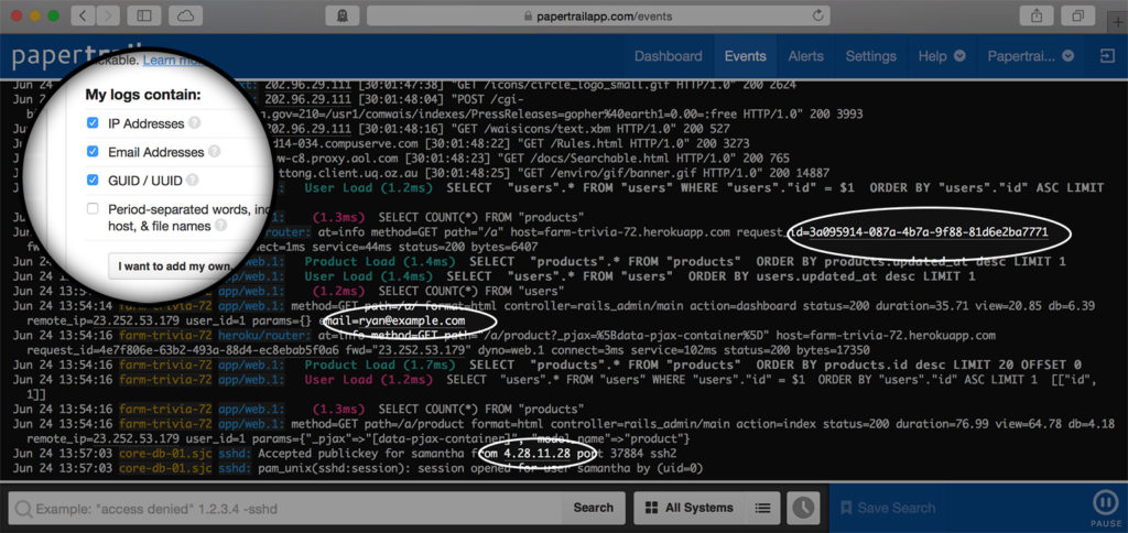 Screenshot of SolarWinds Papertrail search