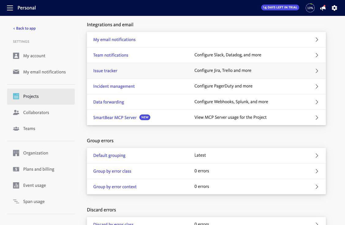BugSnag project integrations and grouping settings