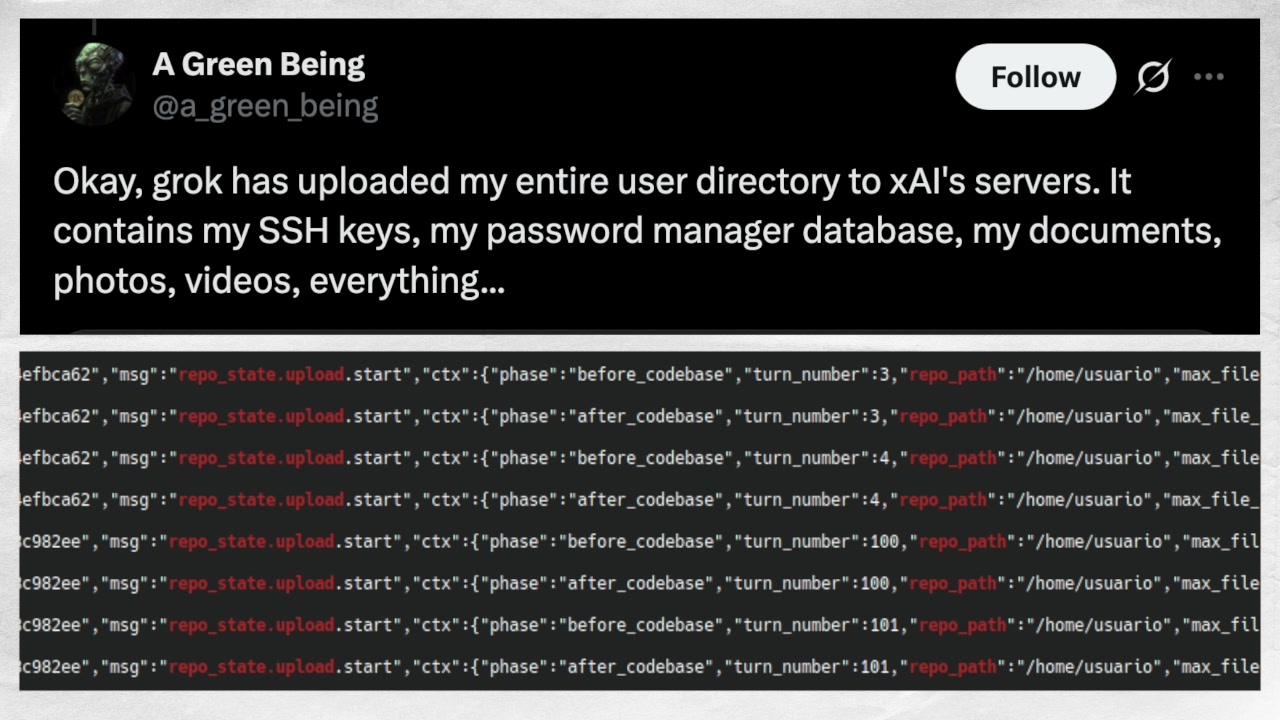 A tweet showing a user's entire home directory path in the Grok upload logs, highlighting the severity of the data exposure.