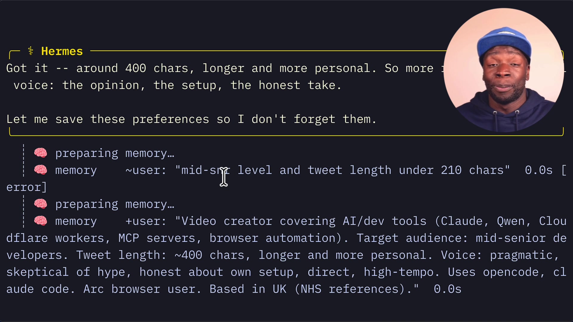 Terminal showing the agent updating its persistent memory with a diff-like view replacing the old tweet length preference with the new one