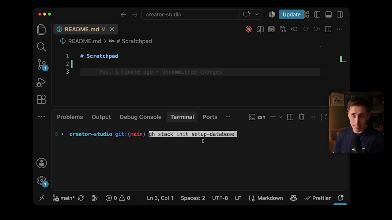A view of the terminal in a text editor showing the `gh stack init setup-database` command being run.