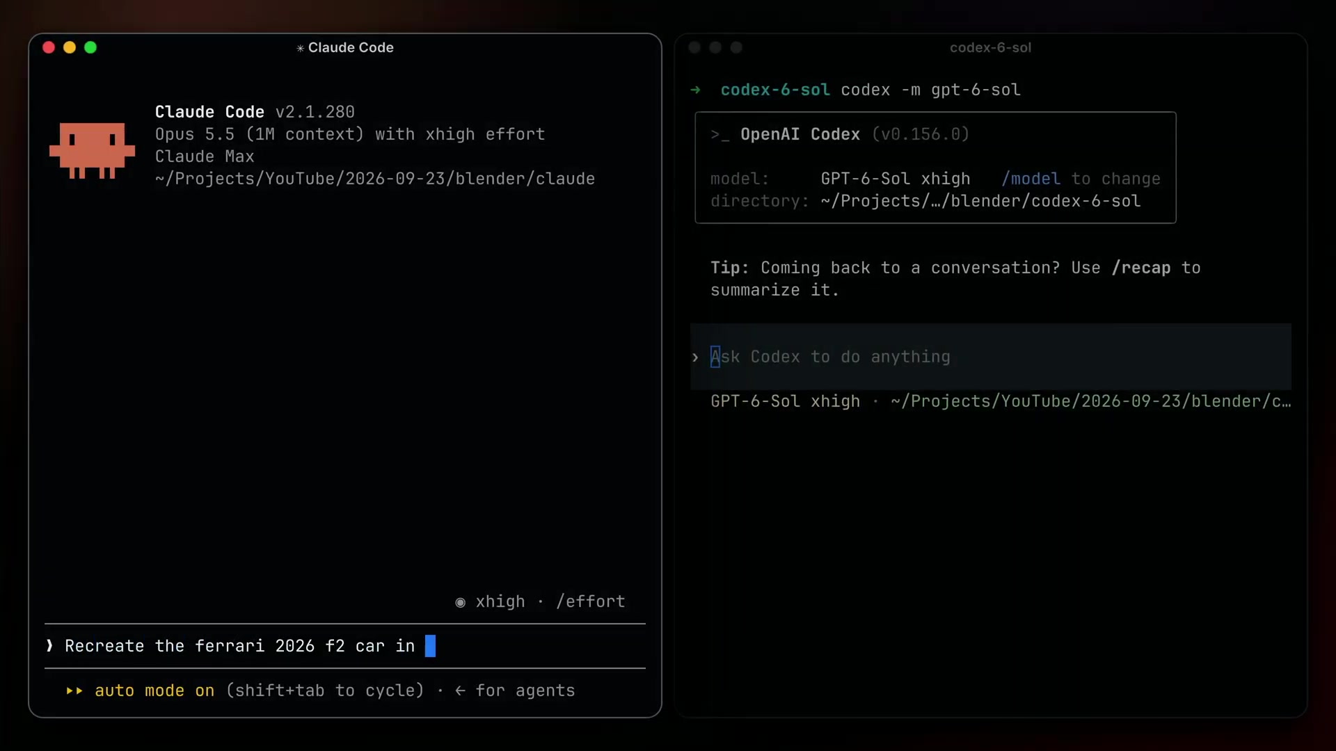 A side-by-side view of the Claude Code and Codex-ó-Sol terminals, ready to receive the initial prompt.