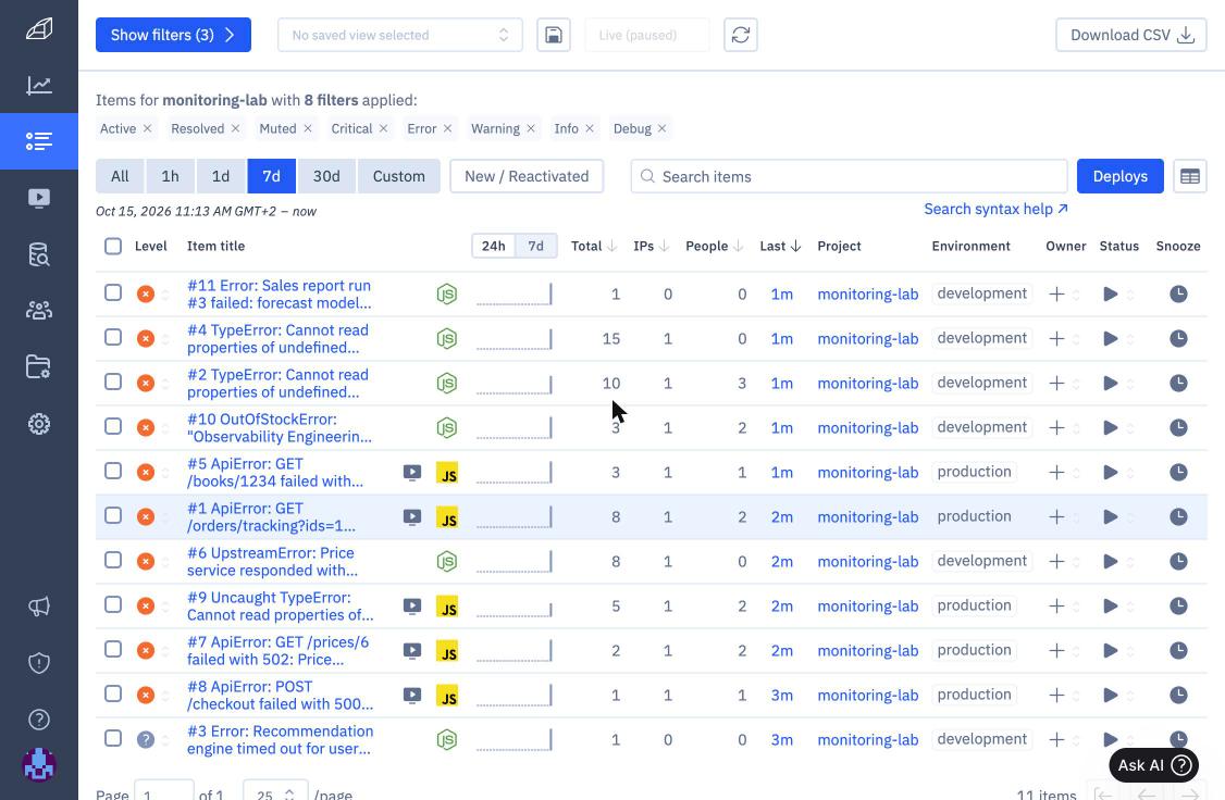 Rollbar items list after release 1.0.0, backend and browser items together