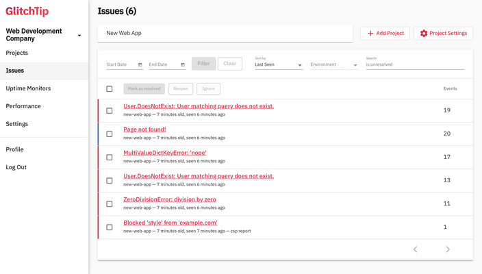 Screenshot of GlitchTip dashboard