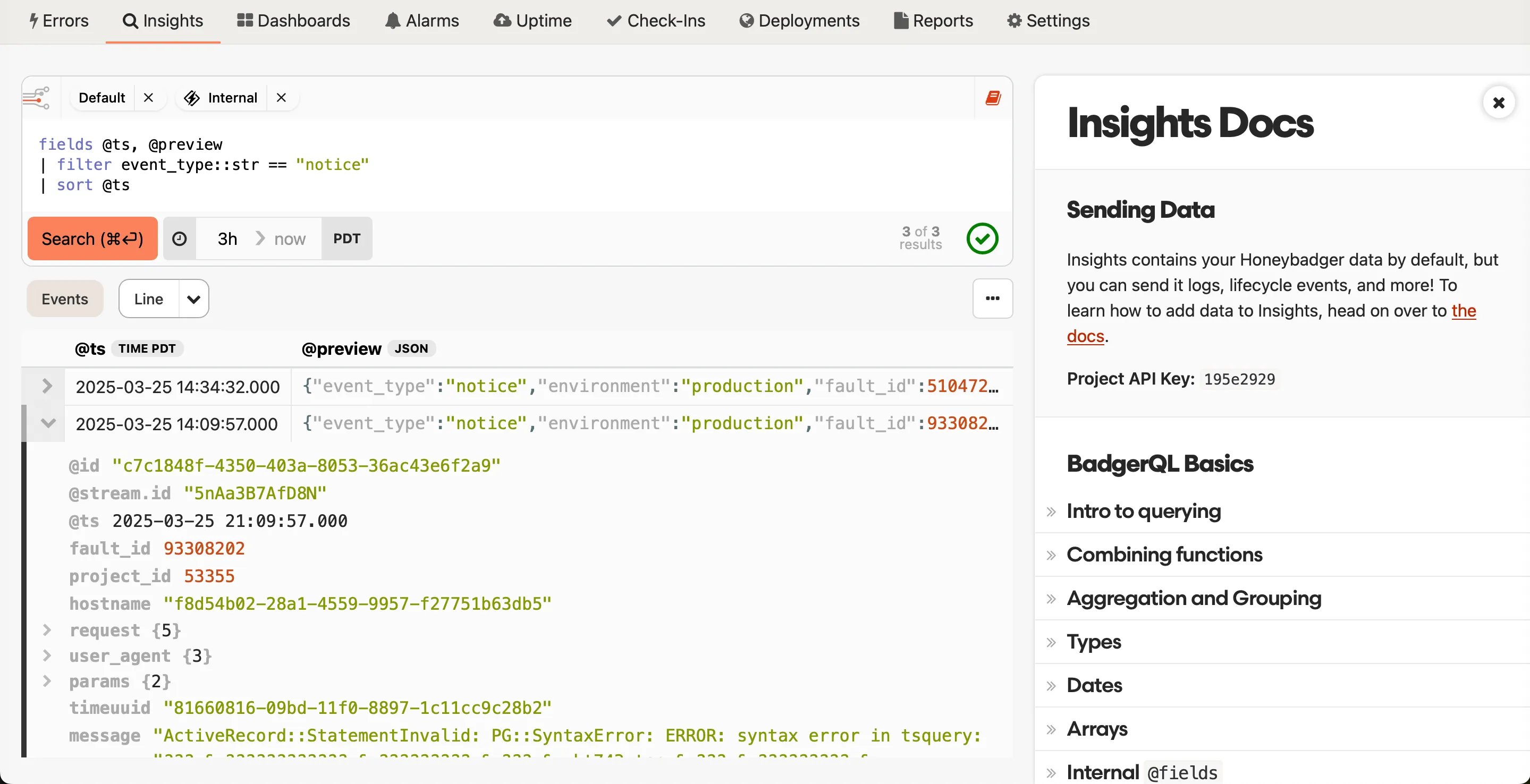 SCREENSHOT: Honeybadger Insights query interface with BadgerQL