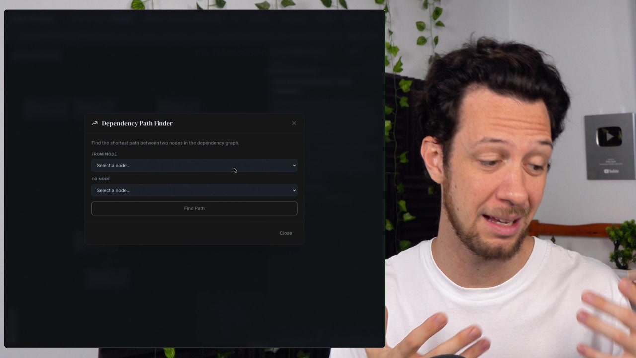 Dependency Path Finder modal with from and to node selectors for visualizing the connection path