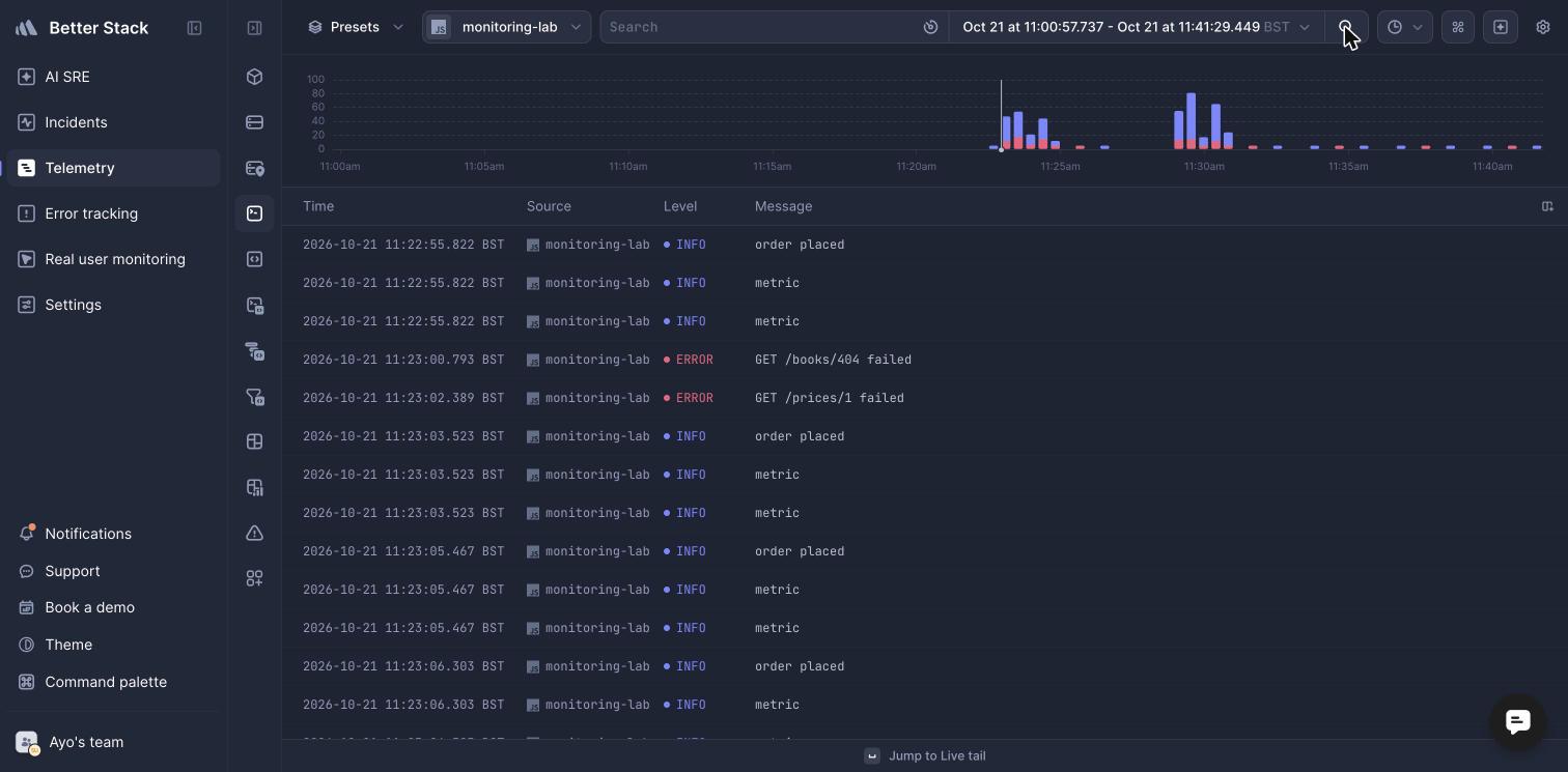 Better Stack logs explorer with monitoring-lab logs