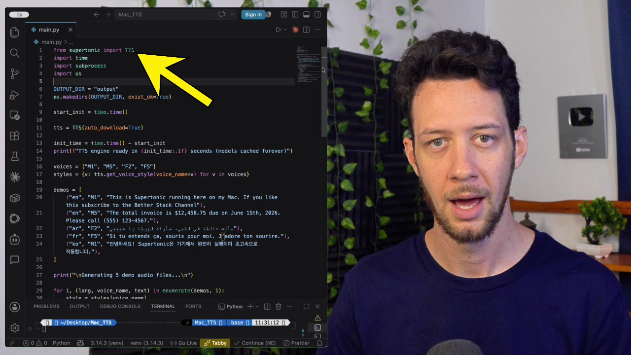 Python script in a code editor highlighting the line from supertonic import TTS