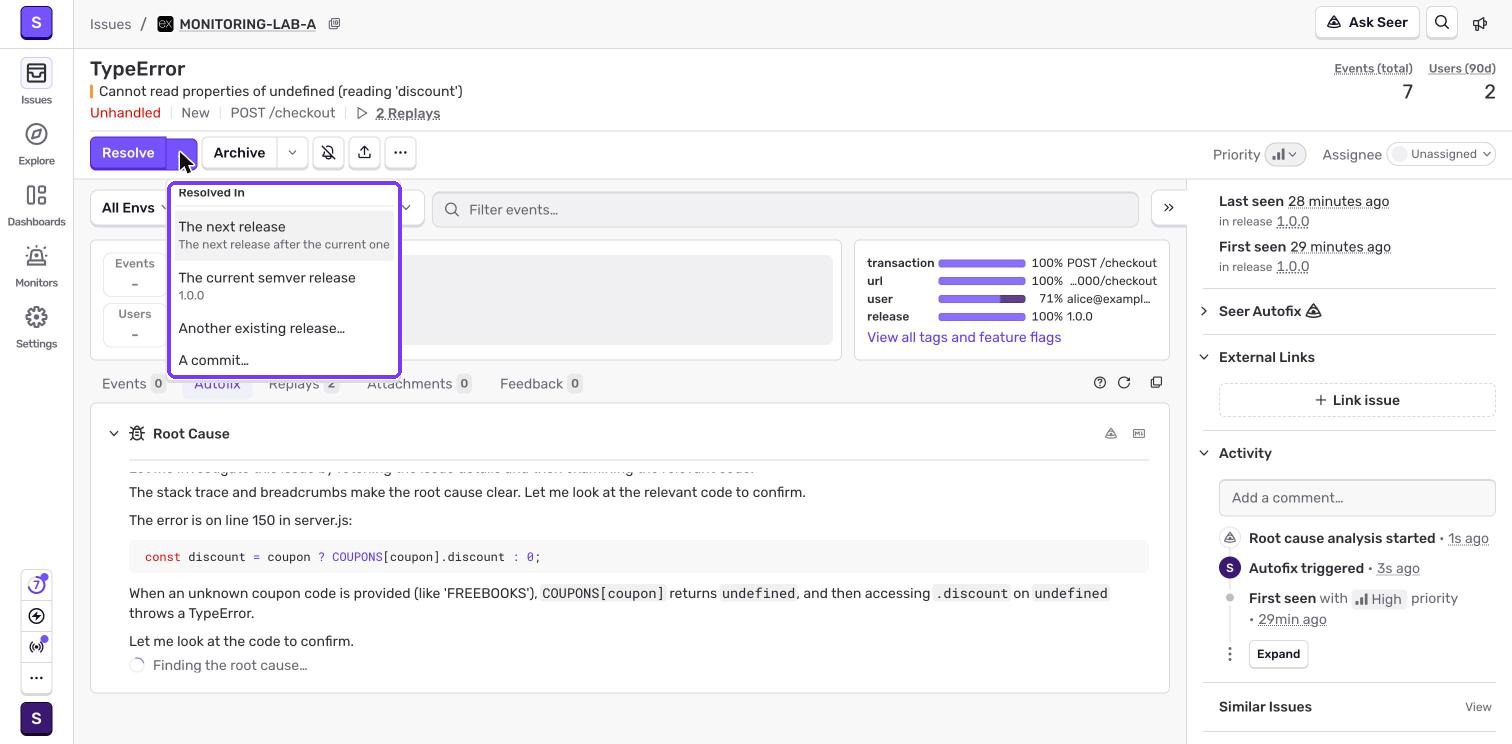 Sentry Resolve menu with release and commit options