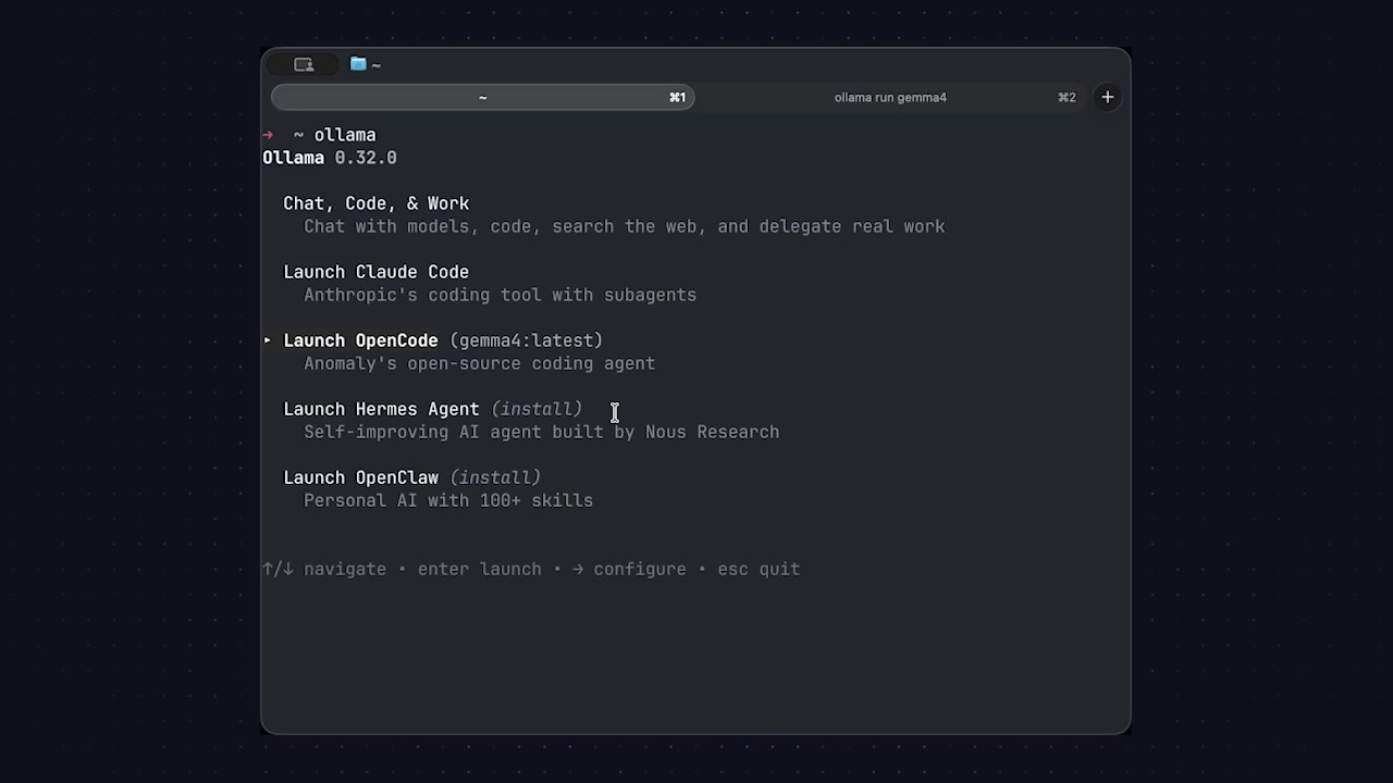 The Ollama CLI launcher menu, showing options like "Launch Claude Code" and "Launch OpenCode".