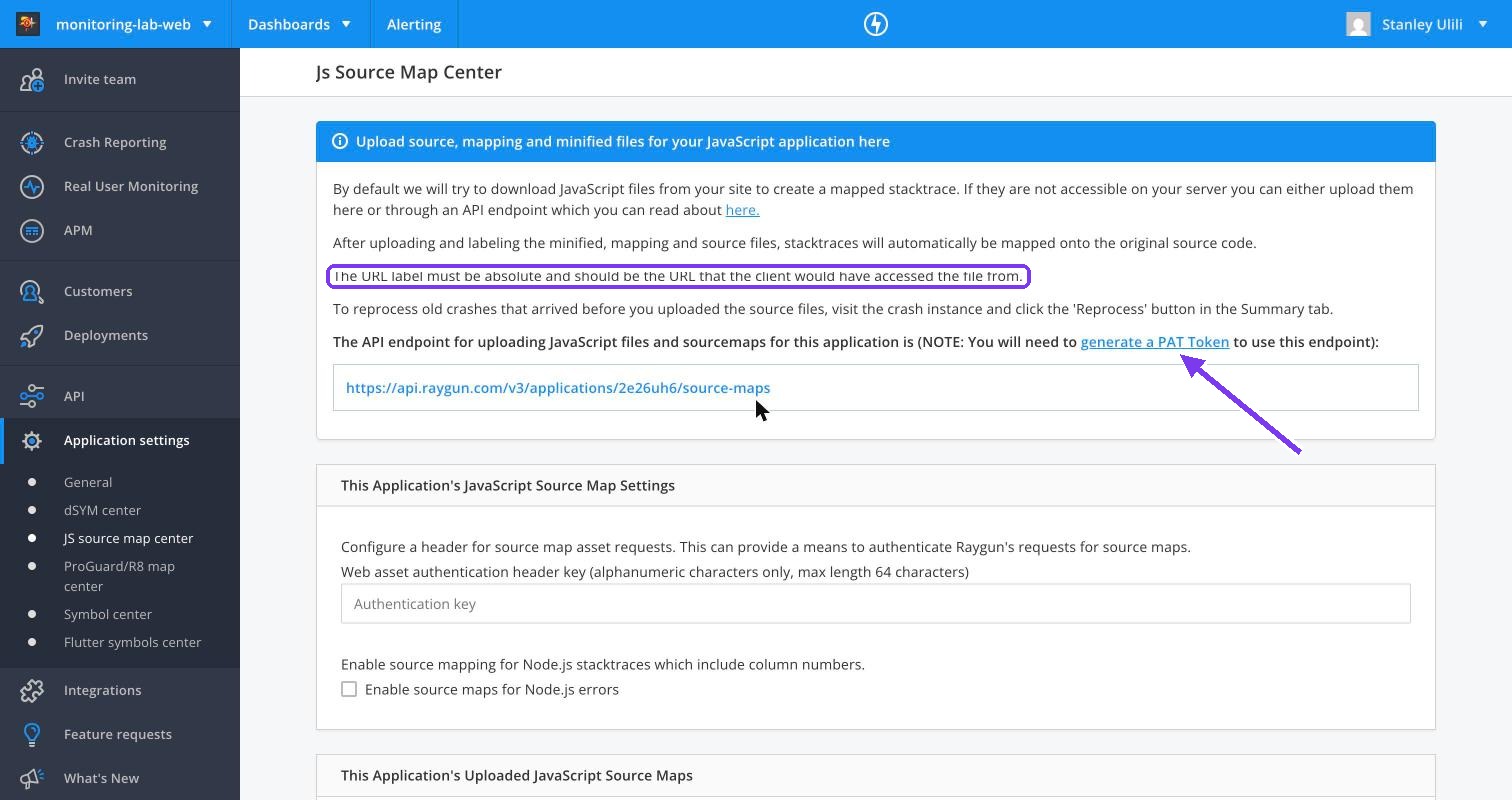 Raygun JS Source Map Center with the paid-token note for API uploads
