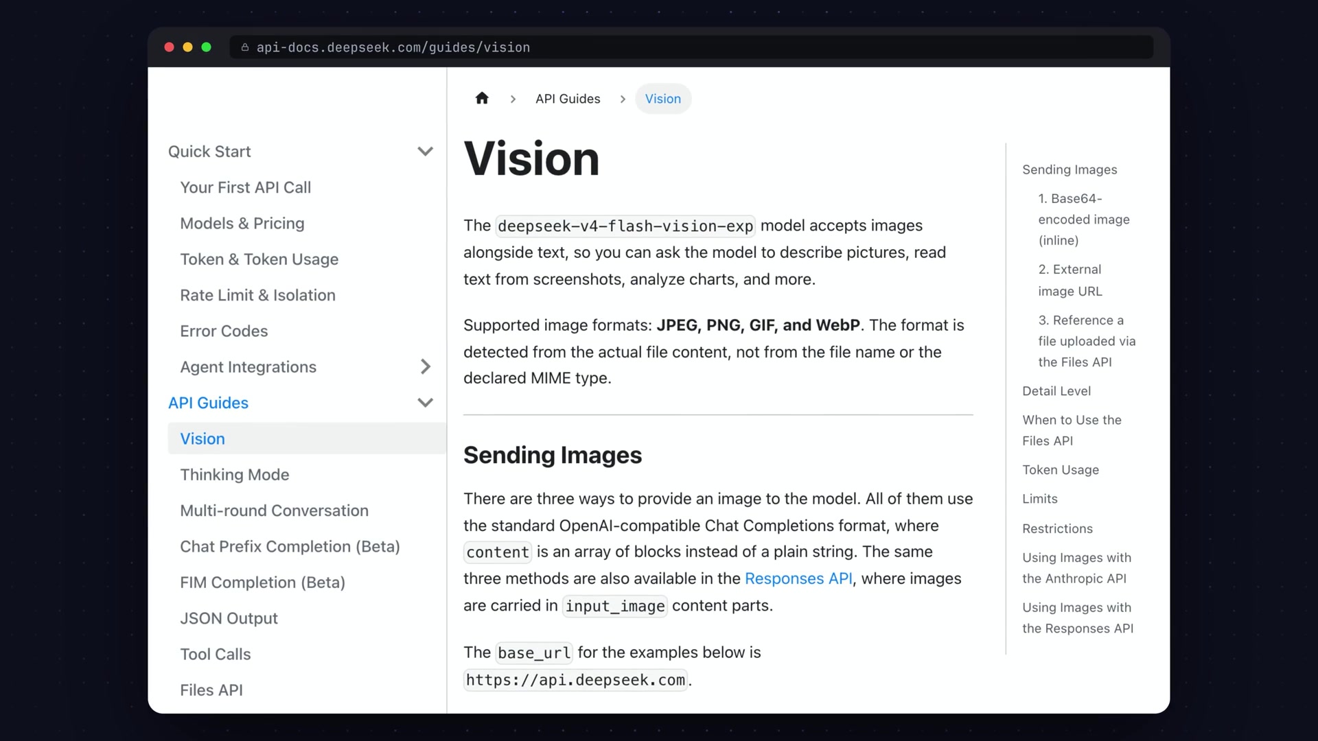 A screenshot of the official DeepSeek Vision API documentation, highlighting the model's capabilities.