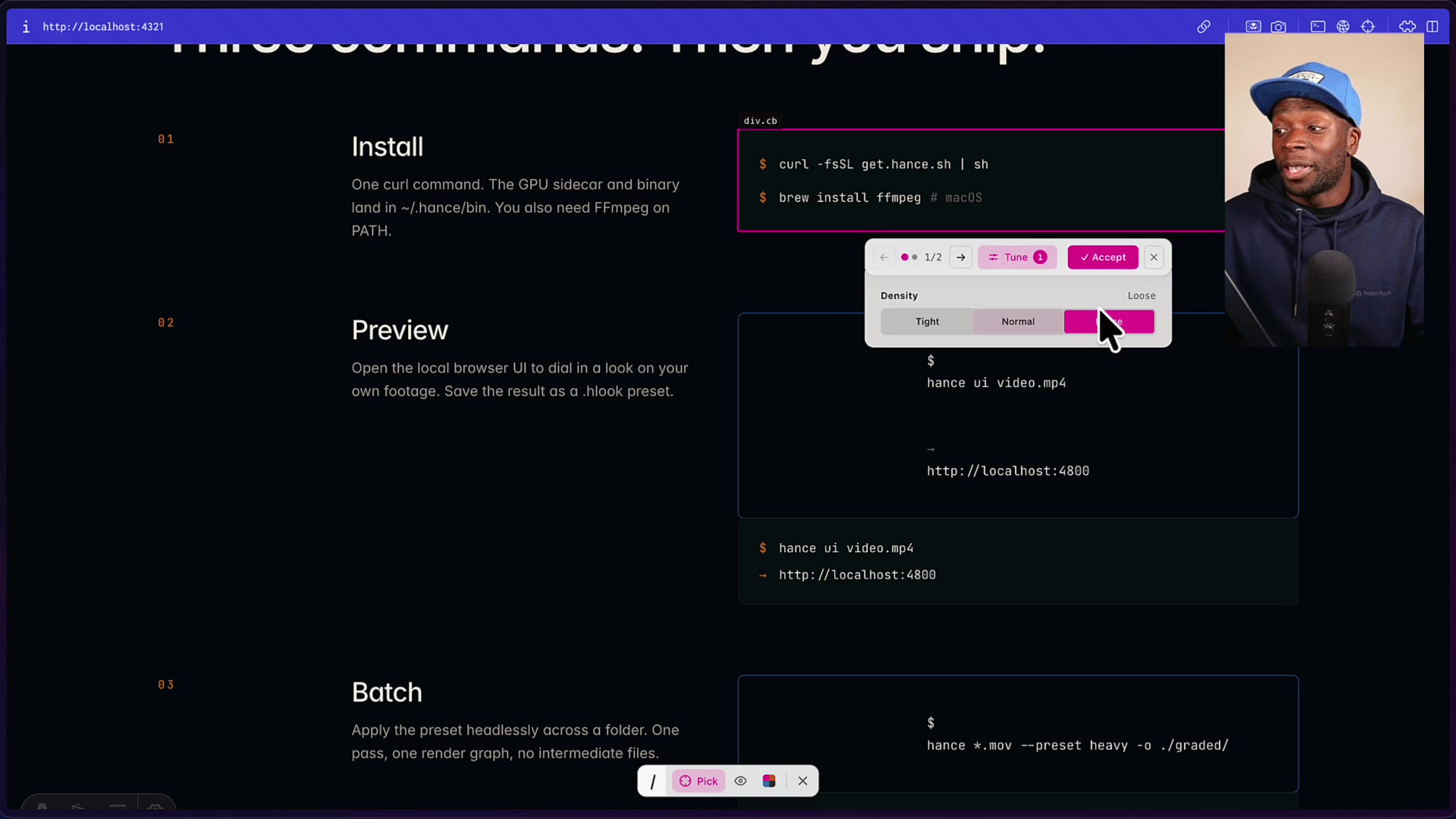 The Live Mode UI displaying three different design variants for the selected code block section