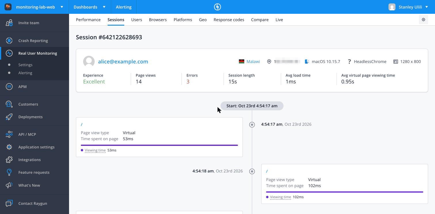 Raygun RUM session timeline for one user