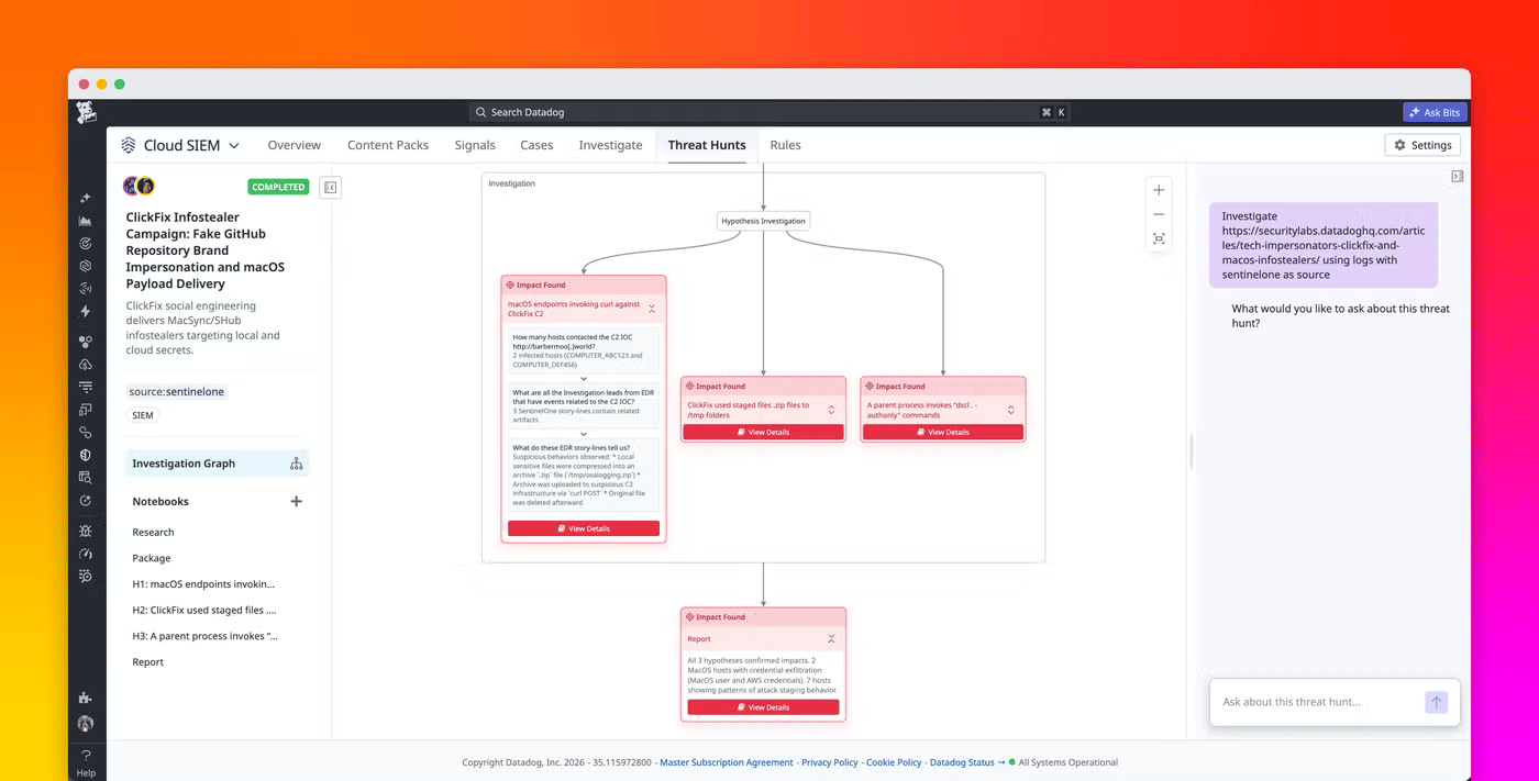 SCREENSHOT: Datadog Cloud SIEM showing threat detection signals aligned to MITRE ATT&CK with the Bits AI Security Analyst triage panel open